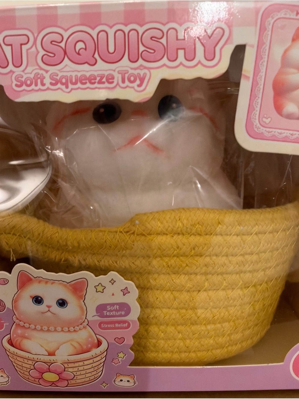 Soft Squeeze White Cat Bath Toy with Yellow Basket - Kids Squishy toy